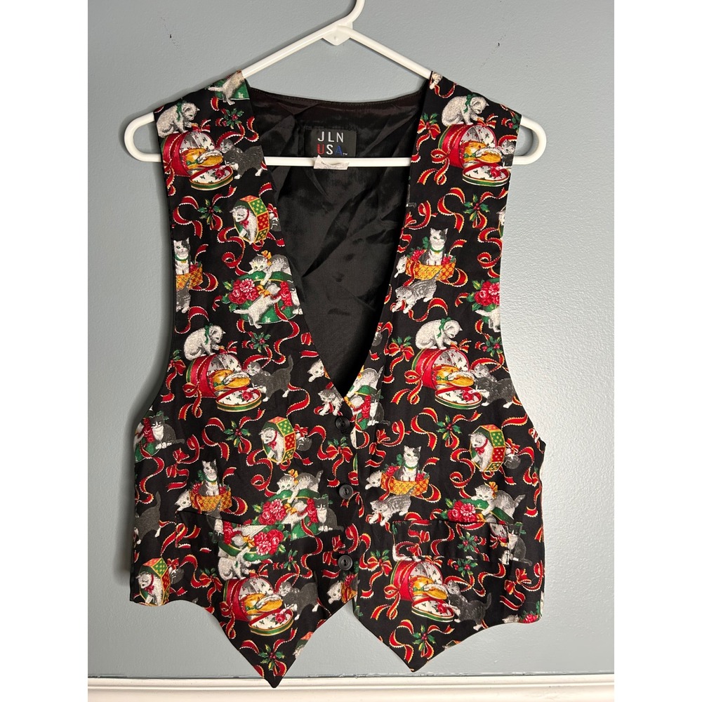 Womens vintage JLN‎ USA Black Kitten Holiday Vest Size M Christmas Cats Ribbons